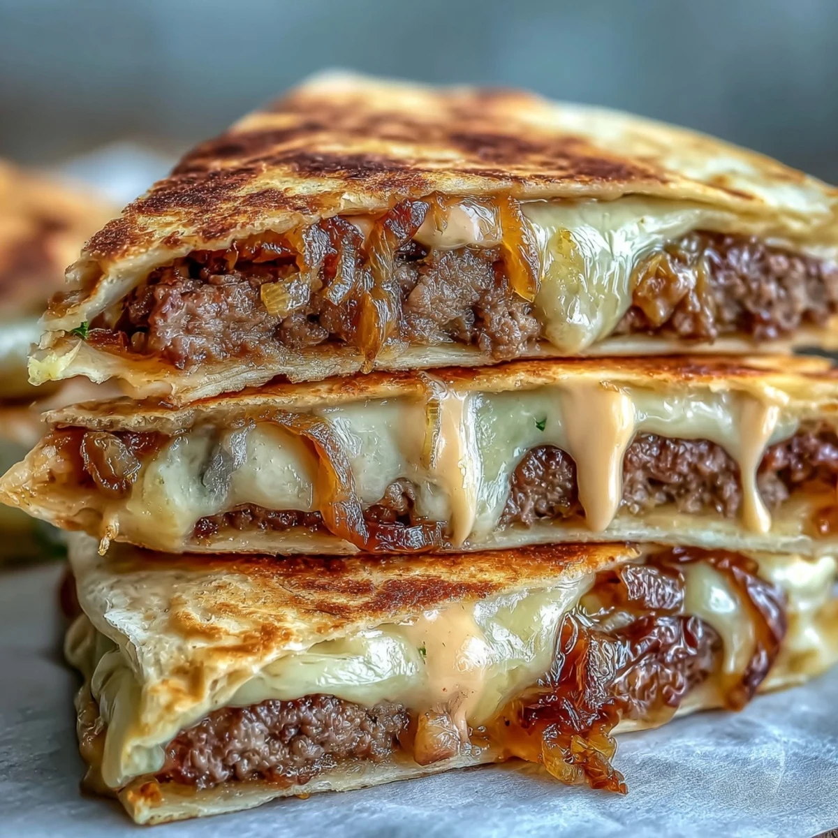 Golden-brown Cheesy Griddled Smashburger Quesadillas sit on a cutting board, showcasing melted cheddar and American cheese oozing from crispy edges.