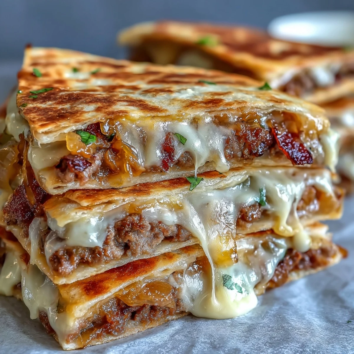 Thin smashburger patties and sweet onions peek through the tortilla layers on a rustic wooden table.