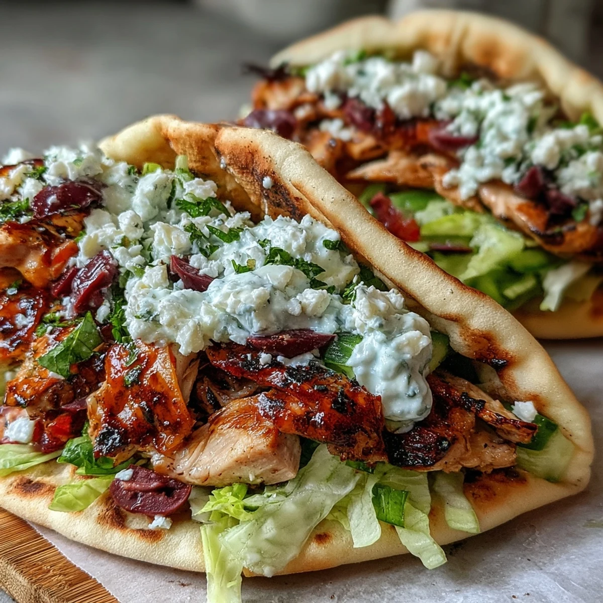 A fork holds tender, charred Mediterranean Chicken Gyros topped with Creamy Feta Tzatziki, lettuce, and olives.