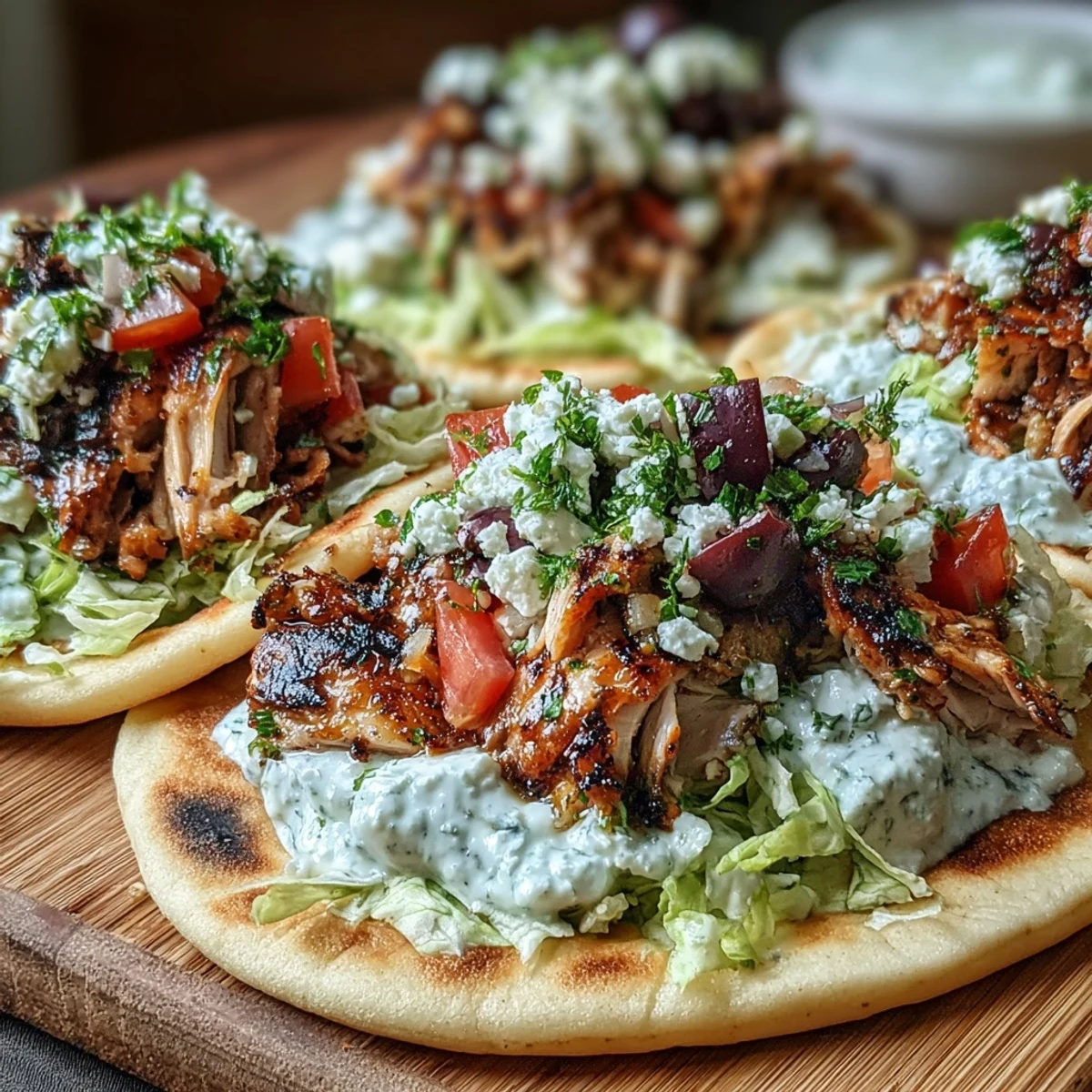Freshly grilled Mediterranean Chicken Gyros sit beside a bowl of cool Creamy Feta Tzatziki sauce.