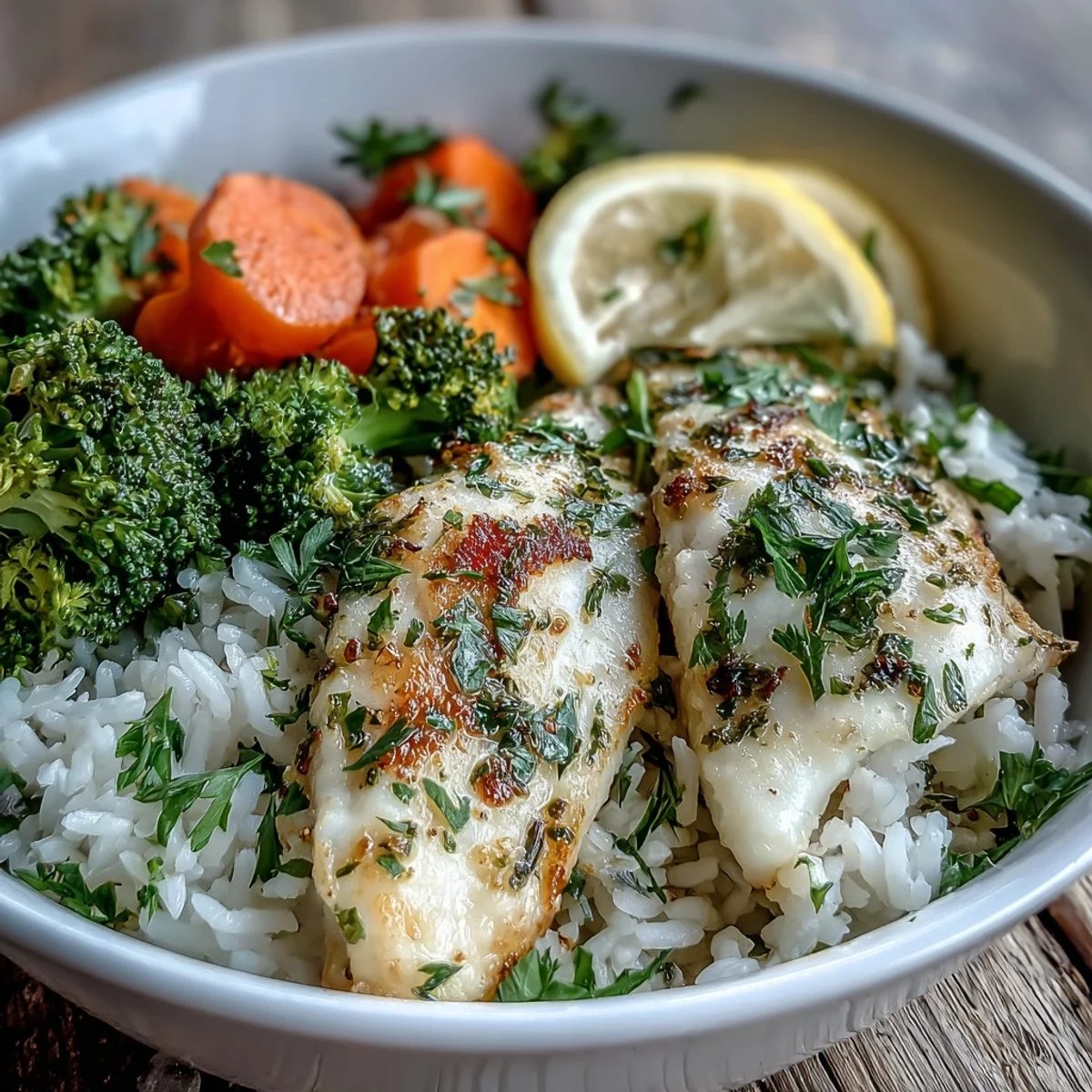 A close-up of a Baked Tilapia Bowl with herb-seasoned fillets, fluffy rice, and bright green steamed broccoli and carrots.