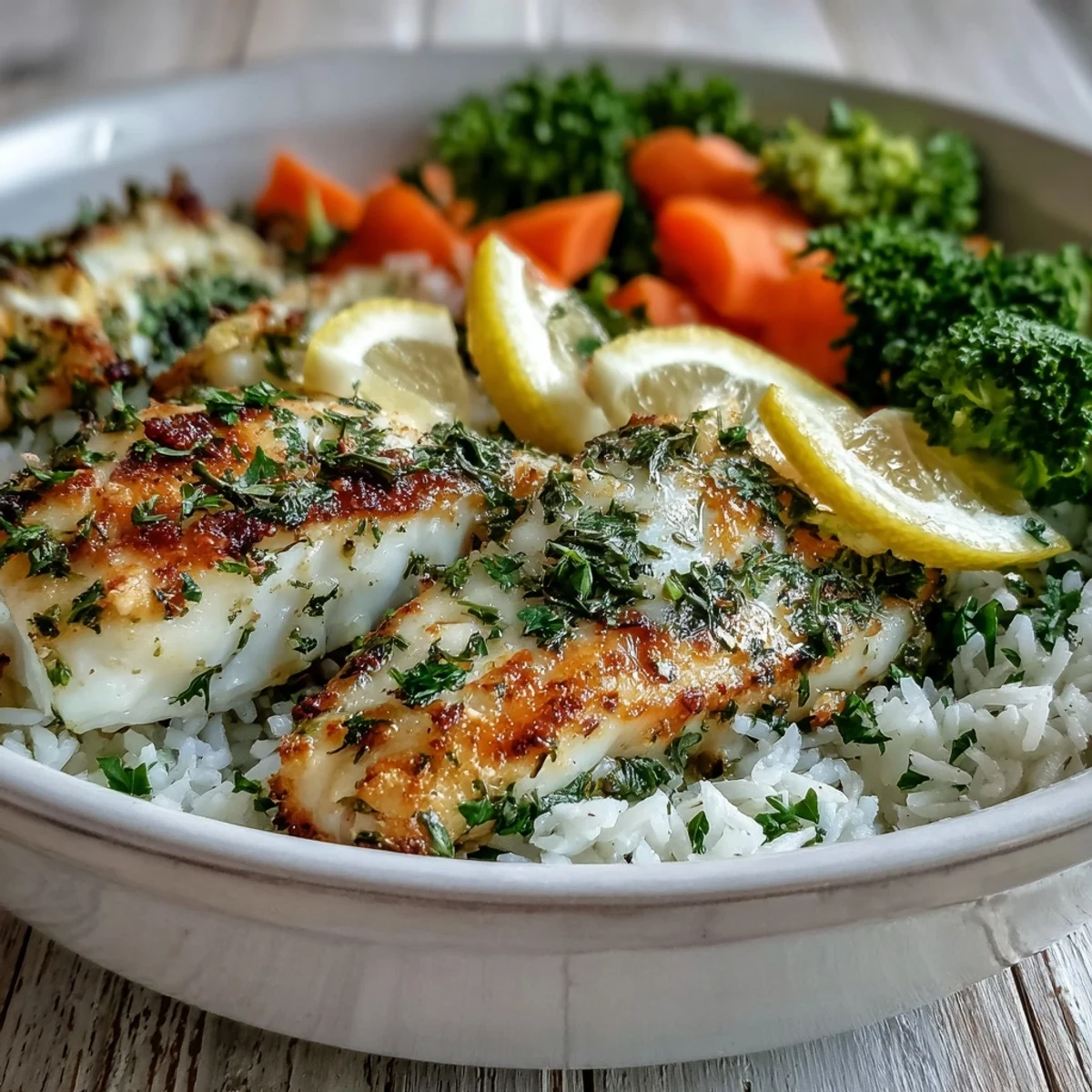 Golden-baked tilapia fillets rest on a bed of fluffy rice next to crisp steamed broccoli and carrots in a Baked Tilapia Bowl.
