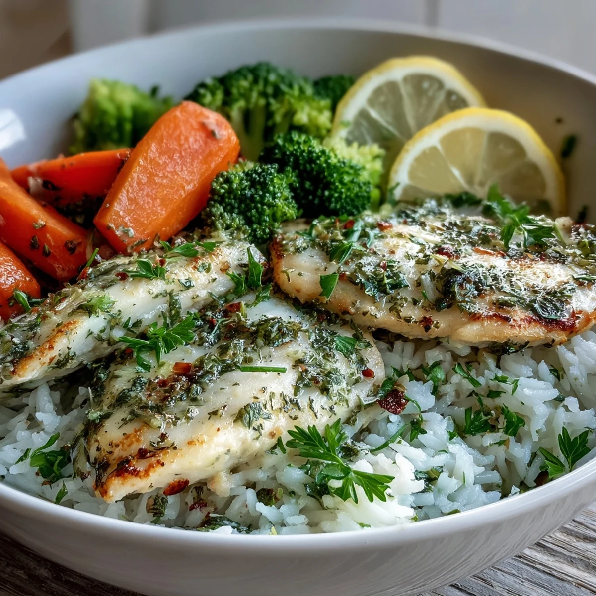 Healthy Baked Tilapia Bowl featuring tender herb-crusted fish, steamed vegetables, and white rice, perfect for a quick gluten-free weeknight dinner.