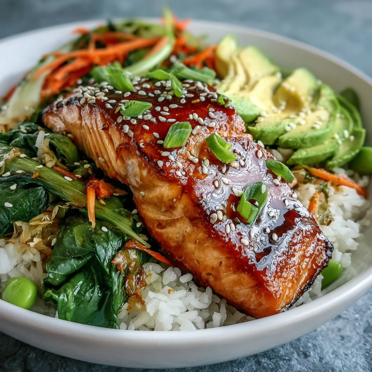 Freshly prepared soy ginger salmon bowl featuring juicy fish, avocado, and lime wedges, perfect for a quick, flavorful dinner.