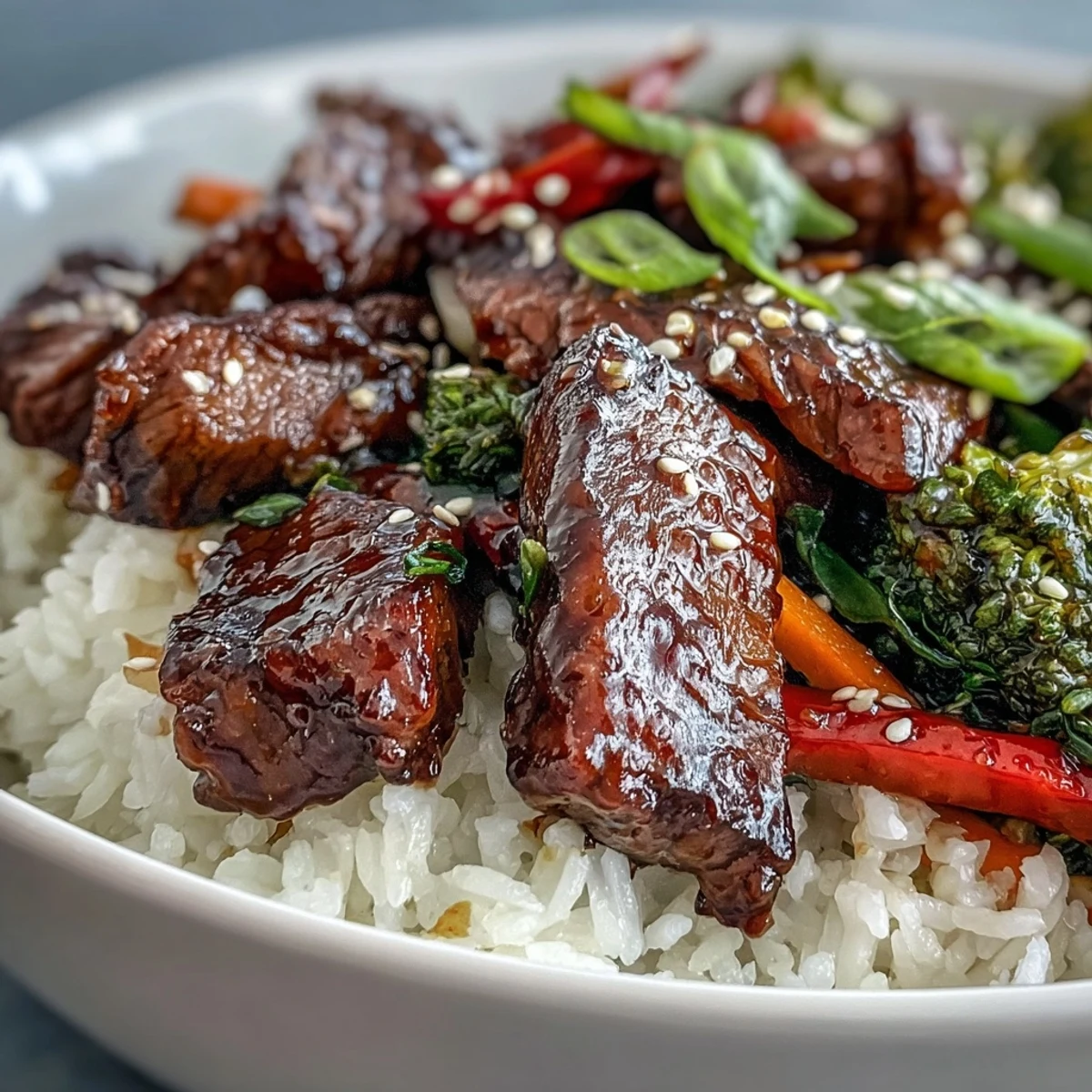 Sizzling teriyaki beef slices glisten over fluffy white rice with vibrant sautéed broccoli and peppers.  
