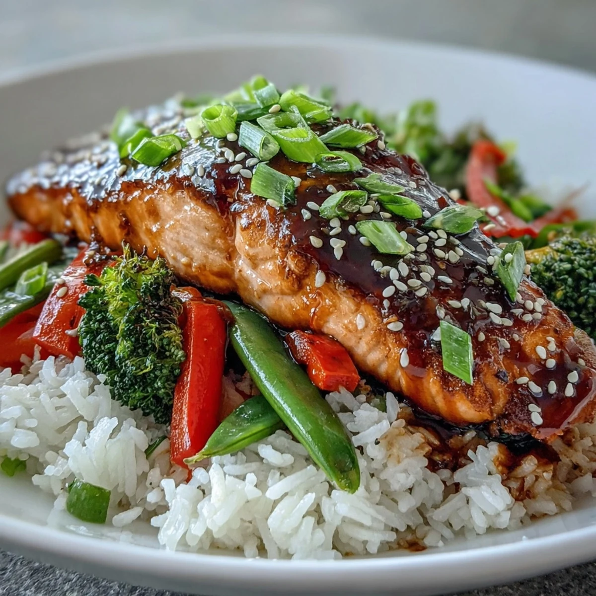 Golden-brown teriyaki salmon nestled in a bowl of jasmine rice, bright broccoli, bell peppers, and snap peas.  