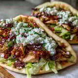 A fork holds tender, charred Mediterranean Chicken Gyros topped with Creamy Feta Tzatziki, lettuce, and olives.