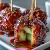Bite-sized Granny Smith apples dipped in glossy red candy coating on toothpick skewers for easy snacking.