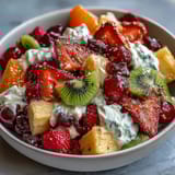 Vibrant rainbow fruit table with fresh strawberries, pineapple, kiwi, and blueberries, served with luscious coconut whipped cream for a stunning healthy dessert.