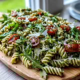 Vibrant summer pasta salad with pesto and cherry tomatoes, bursting with fresh basil flavor and colorful veggies.  