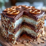 Decadent Father's Day Chocolate Peanut Butter Pretzel Cake glistening with rich ganache.