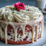 Elegant pink cake, infused with rosé, boasts a luxurious cascading gold drip.