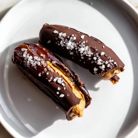 Close-up of rich dark chocolate-covered Chocolate Peanut Butter Dates, perfect for a no-bake dessert.