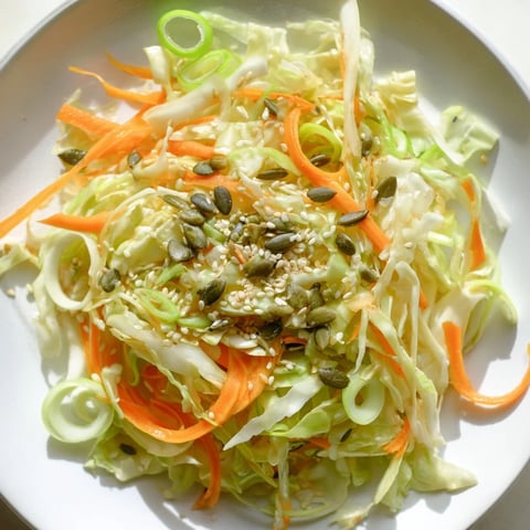 Close-up view of Cabbage-Core Slaw Salad; crunchy shredded cabbage with a sesame-ginger dressing, ready to eat.