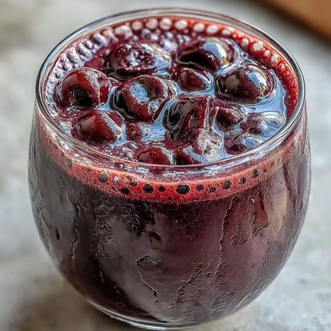 Two frosted glasses of Cherry Almond Smoothie garnished with sliced almonds and fresh cherries on a wooden table.