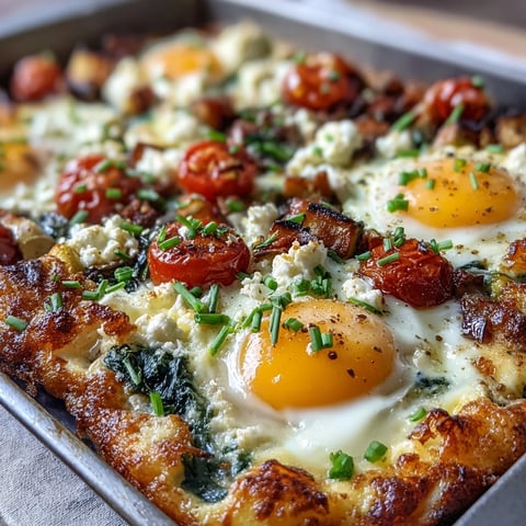 Golden-brown, fluffy sheet pan eggs loaded with vibrant cherry tomatoes, spinach, and red bell peppers.