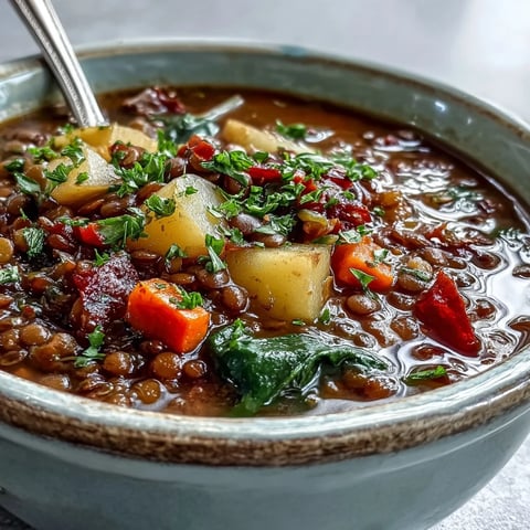 A steaming bowl of vegetarian lentil stew garnished with fresh parsley and lemon wedges, featuring tender lentils, carrots, and potatoes in a rich, aromatic broth.  