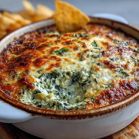 Golden, bubbly Spinach Artichoke Dip fresh from the oven, served warm in a baking dish with crunchy tortilla chips for dipping.