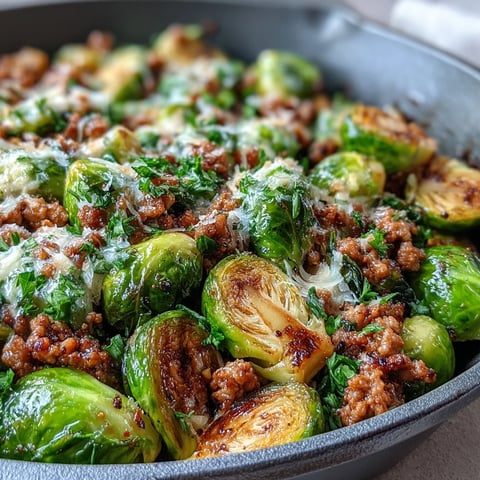 Golden-brown Brussels sprouts and savory ground turkey sizzle in a skillet, garnished with Parmesan and parsley.