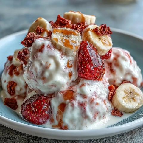 Frozen Strawberry & Banana Yoghurt Clusters on a parchment-lined tray show a creamy, marbled texture with crunchy fruit toppings for a refreshing snack.