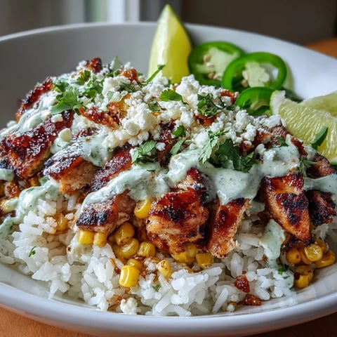 Sizzling citrus-marinated chicken thighs rest beside fluffy rice and charred corn in a Street Corn Chicken and Rice Bowl, finished with creamy crema.