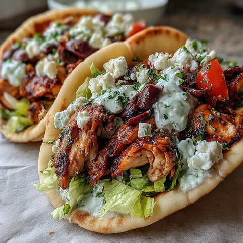 Sizzling Mediterranean Chicken Gyros with Creamy Feta Tzatziki are freshly assembled in a warm pita wrap.