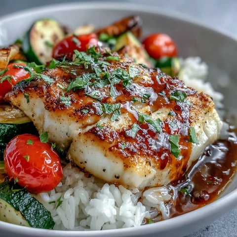 Pan-Seared Fish Bowl with flaky white fish over jasmine rice and colorful roasted vegetables, drizzled with zesty lemon sauce.