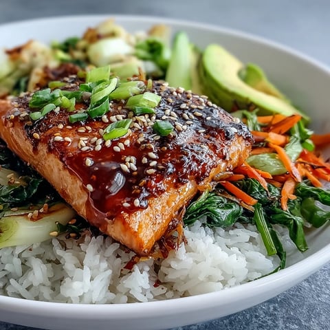 Vibrant soy ginger salmon bowl with glazed fillets on fluffy rice and crisp vegetables, garnished with avocado and sesame seeds.