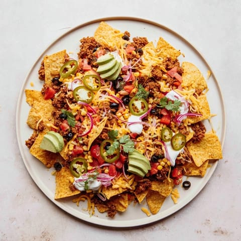 Golden, bubbly sheet pan beef nachos, piled high with savory meat, ready to enjoy with friends.