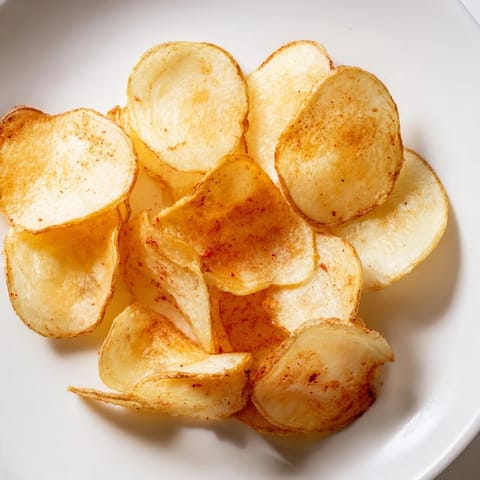 Homemade air-fryer potato chips, perfectly thin and lightly salted, offer a satisfying crunch with every bite.