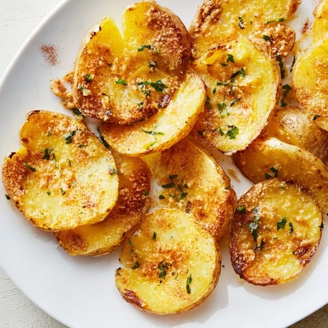 Golden-brown Parmesan smashed potatoes with crispy edges, ready to enjoy as a flavorful American side.
