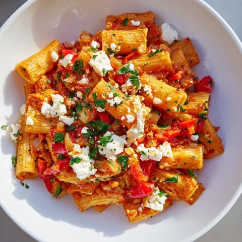 Golden baked Shakshuka Pasta with creamy yolks peeking from a spicy tomato sauce, served with fresh herbs.
