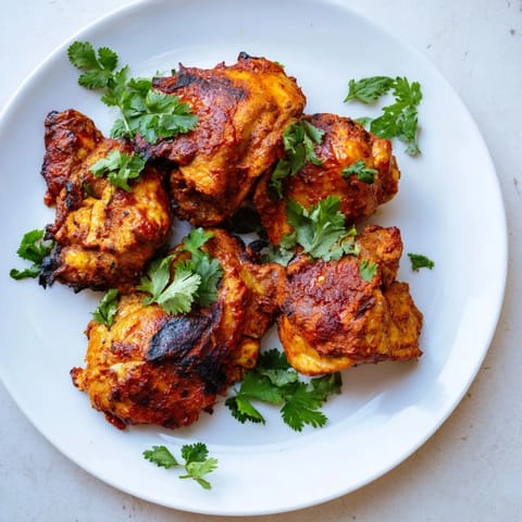 A close-up of tender Indian Tikka Spiced Chicken thighs with a vibrant red-orange crust, served alongside fluffy basmati rice and sliced red onions.