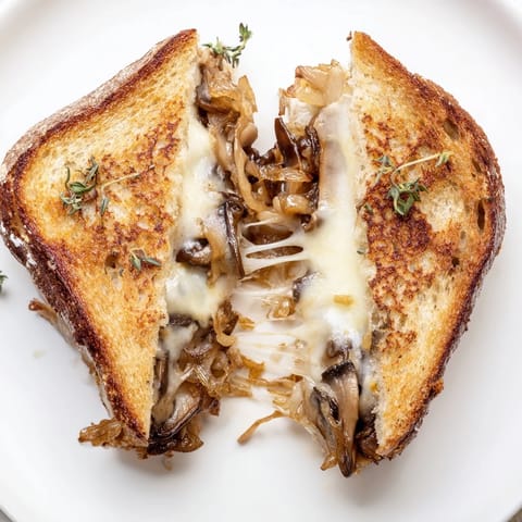 A close-up view of a Mushroom Swiss Grilled Cheese cut in half, revealing gooey, melted Swiss cheese and savory sautéed mushrooms between crispy rye bread.