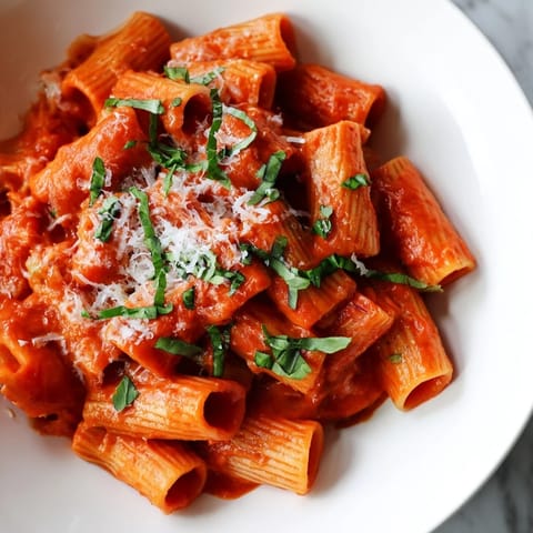 Twirls of al dente Spicy Rigatoni Pasta in a vibrant red, creamy sauce, served hot in a shallow ceramic bowl.