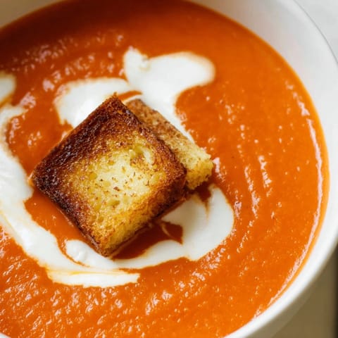 Savory roasted tomato soup served with crispy grilled cheese croutons for a cozy meal.
