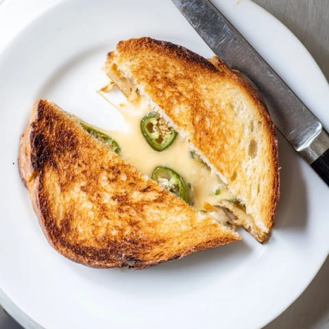 Crispy Jalapeño Havarti Grilled Cheese resting on a plate next to a creamy bowl of tomato soup.