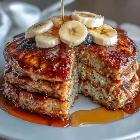 Fluffy Banana Oat Pancakes stack high on a white plate, drizzled with maple syrup for a sweet breakfast treat.  