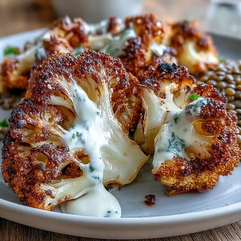 A close-up view shows creamy cumin-tahini yogurt drizzled generously over caramelized cauliflower and zesty lentil salad, garnished with toasted sesame seeds.