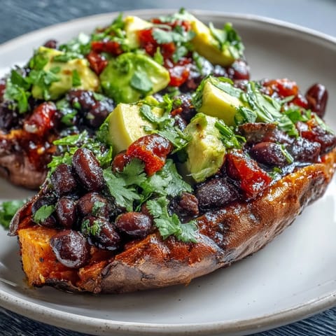 Tender roasted sweet potatoes topped with smoky chipotle black beans and fresh zesty tomato salsa.  