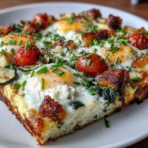 A slice of high-protein cottage cheese egg bake served warm, garnished with fresh green chives.