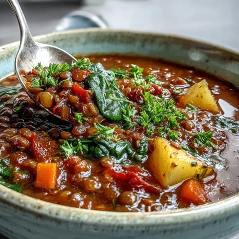 Hearty vegetarian lentil stew served in a rustic bowl, showcasing vibrant spinach, diced red bell pepper, and aromatic herbs with a slice of crusty bread on the side.  