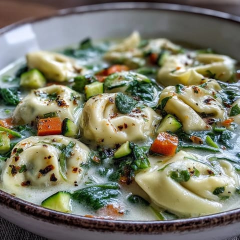 A spoonful of Creamy Vegetable Tortellini Soup reveals tender cheese tortellini, diced carrots, and wilted spinach in rich broth.