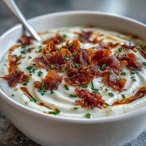 A comforting bowl of Creamy Celeriac Soup with Crispy Bacon next to crusty bread, perfect for a cozy lunch or dinner.