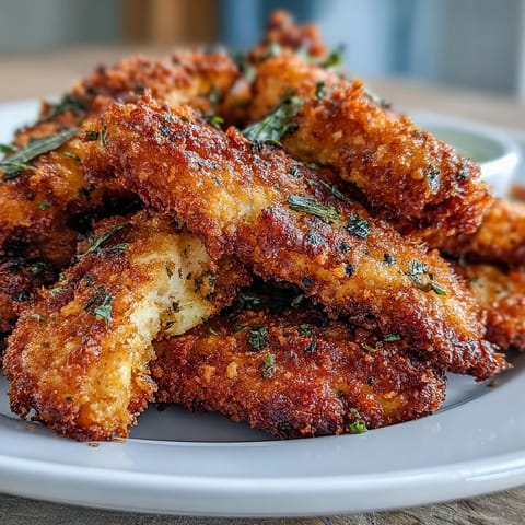 Golden-baked Crispy Turmeric Chicken Tenders arranged on a plate with fresh parsley and lemon wedges.