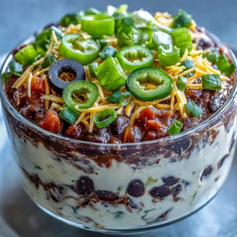 A colorful 4-Way Layered Dip garnished with black olives, green bell peppers, and green onions.