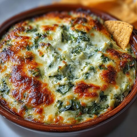 Creamy Spinach Artichoke Dip garnished with fresh herbs, ready to serve with toasted baguette slices and colorful vegetable sticks.