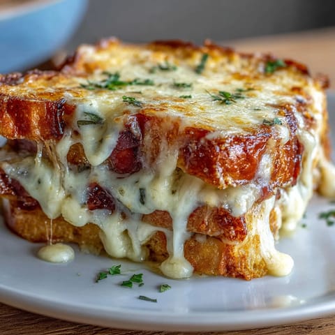 Layers of ham and buttery bread swim in creamy béchamel sauce in a baking dish.