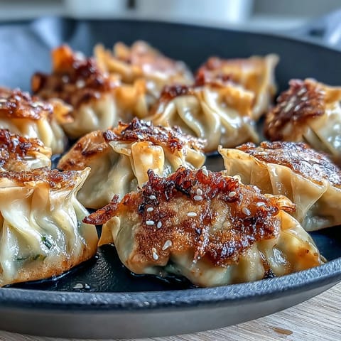 Golden-brown smash dumplings sizzling in a skillet, with crispy edges and a savory pork filling ready to serve.