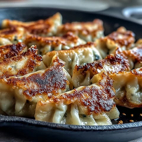Steamed and pan-fried smash dumplings paired with a small bowl of soy-vinegar dipping sauce at the table.